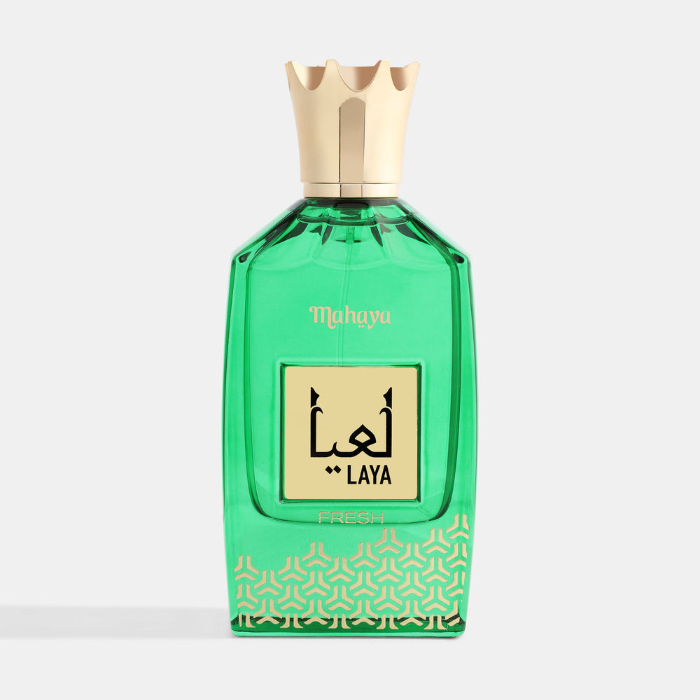 Laya Fresh Green perfume bottle with gold cap on a white background. House Of Perfumes India