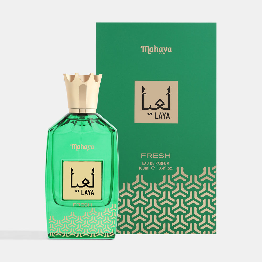 Green perfume bottle and packaging with 'Laya Fresh' branding on a white background. House Of Perfumes India