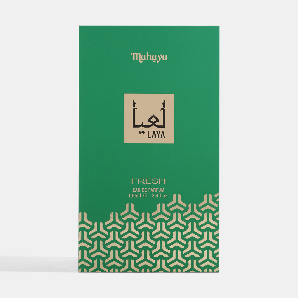 Green perfume packaging with 'Mahuya Laya Fresh' branding on a white background. House Of Perfumes India