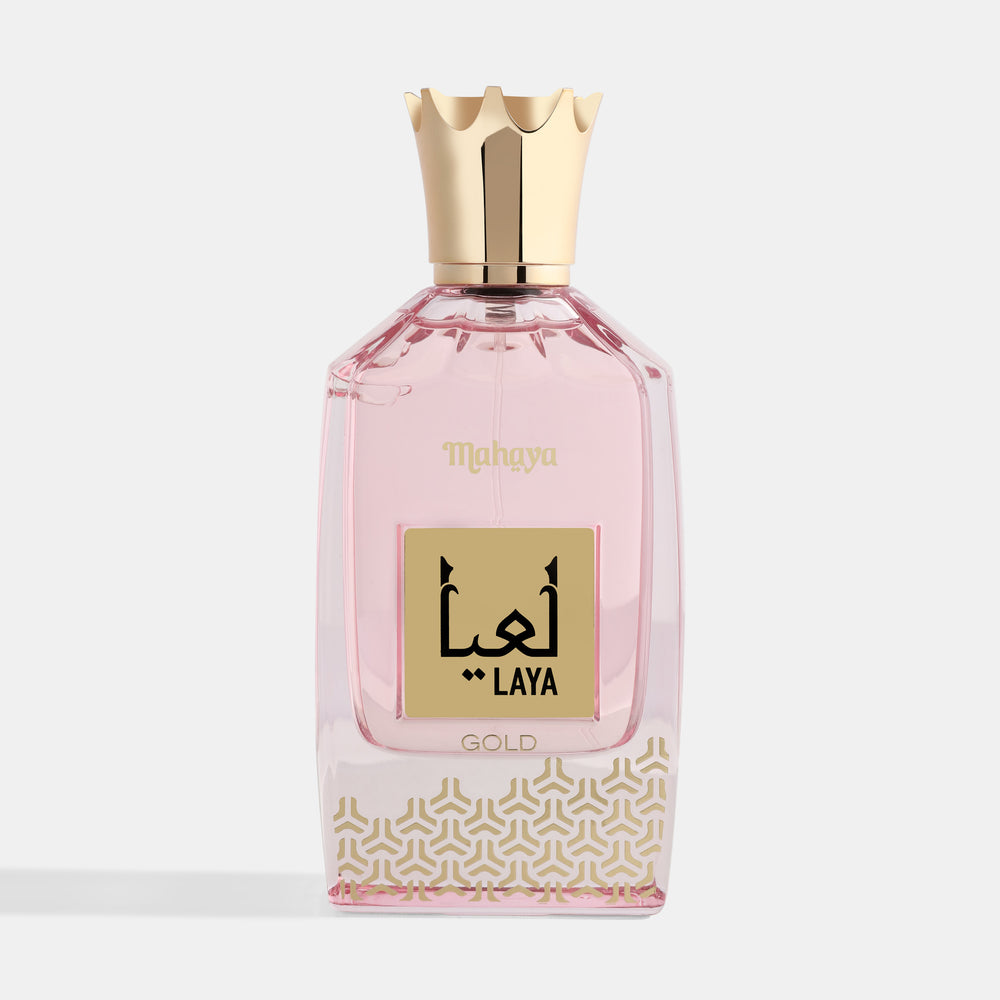 Laya Gold Perfume bottle with gold cap and pink label on a white background. House Of Perfumes India