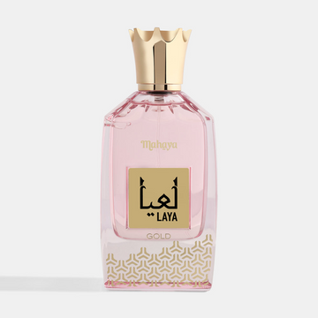 Laya Gold Perfume bottle with gold cap and pink label on a white background. House Of Perfumes India