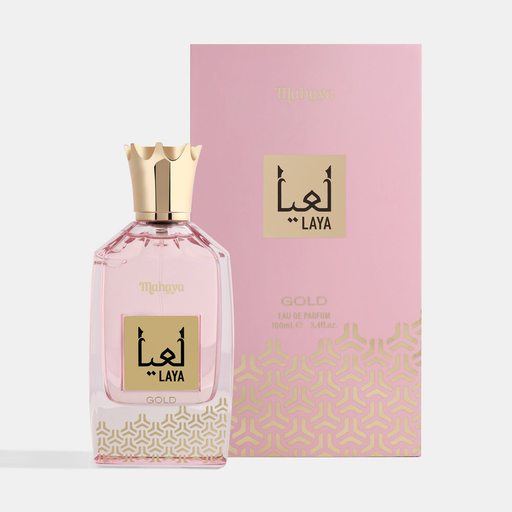 Perfume bottle and packaging with 'Laya' branding on a light pink background. House Of Perfumes India