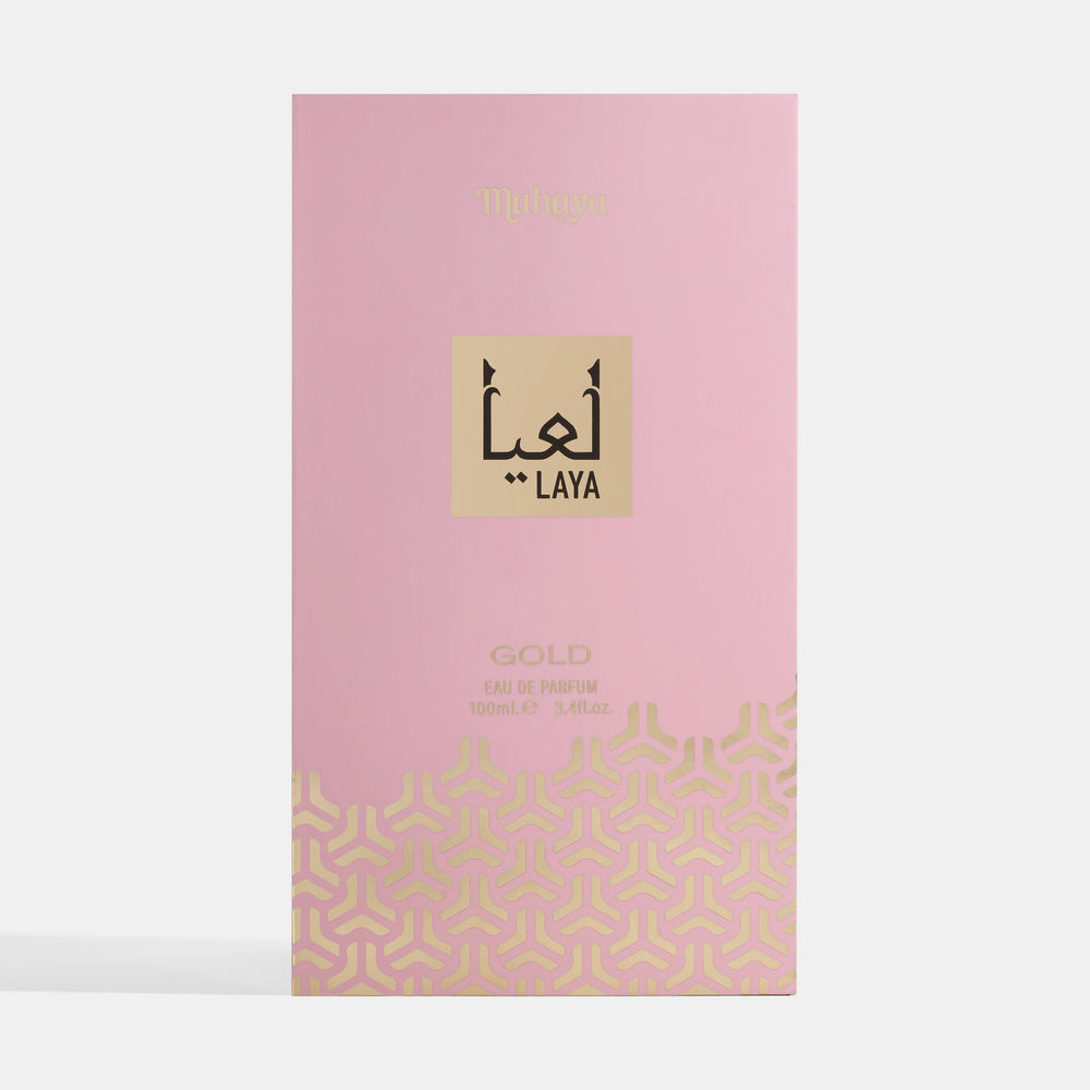 Pink packaging of LAYA Gold perfume with gold geometric patterns on a white background. House Of Perfumes India