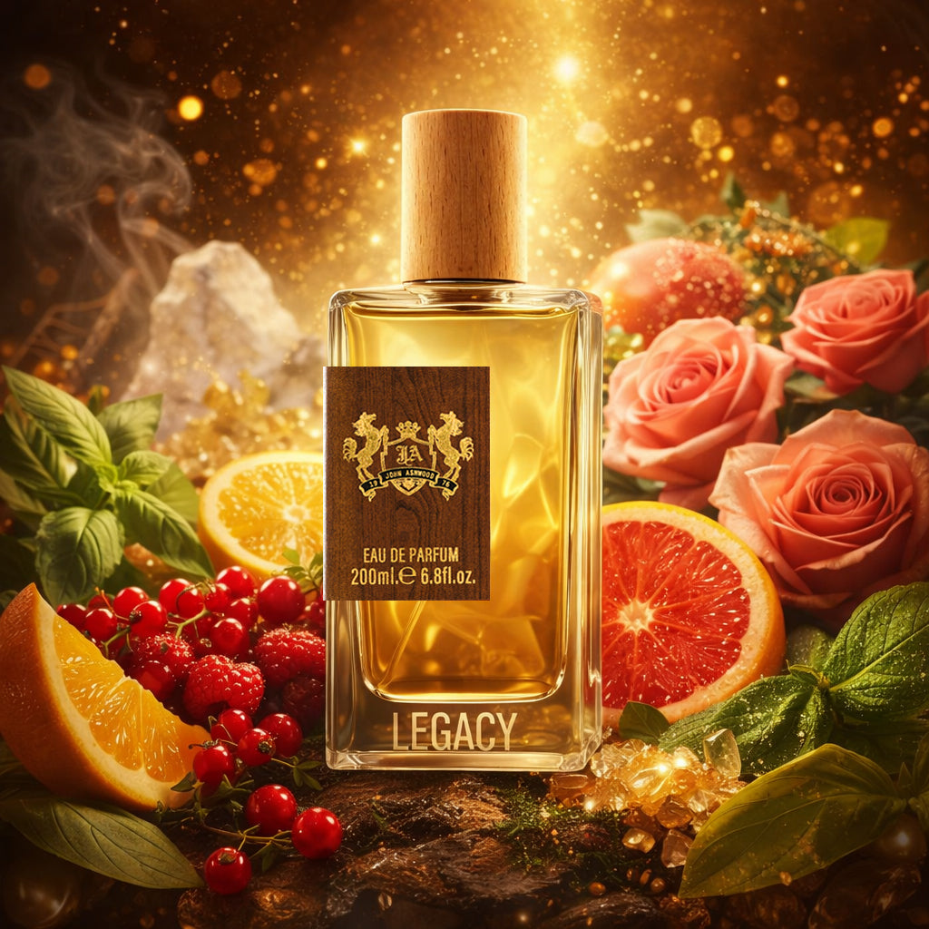 Perfume bottle labeled 'Legacy' surrounded by fruits and flowers on a warm, glowing background