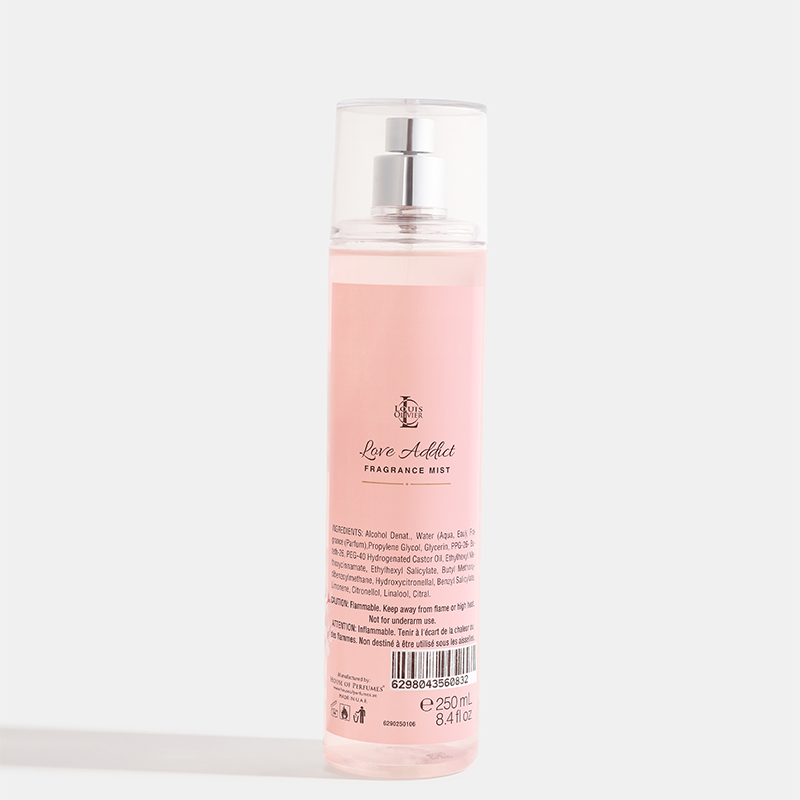 Love-Addict Pink fragrance mist bottle with silver cap on a white background. House Of Perfumes India