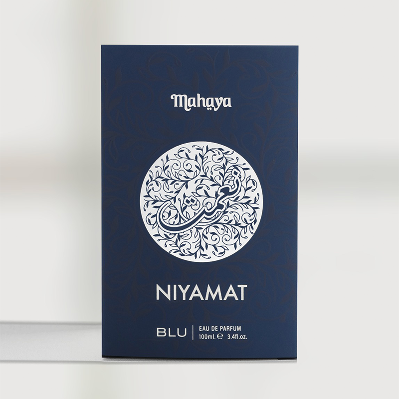 Blue packaging of Mahaya Niyamat BLU Eau de Parfum on a white background. House Of Perfumes India