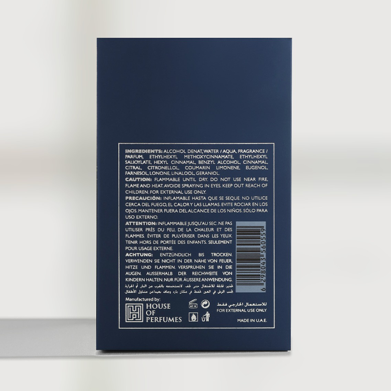 Niyamat Blu product label with white text on a white background. House Of Perfumes India