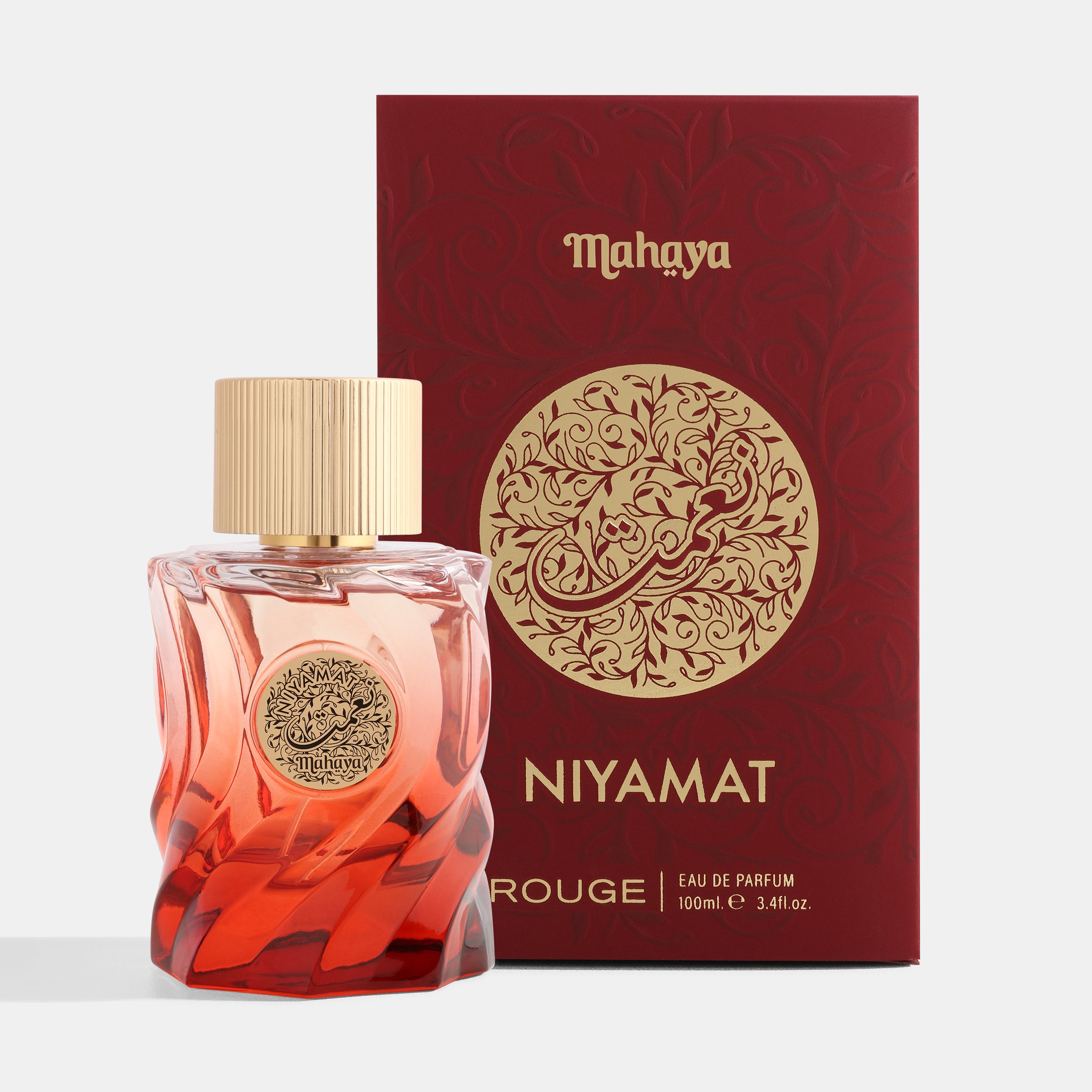 Mahaya Niyamat Rouge perfume bottle and packaging on a white background. House Of Perfumes India