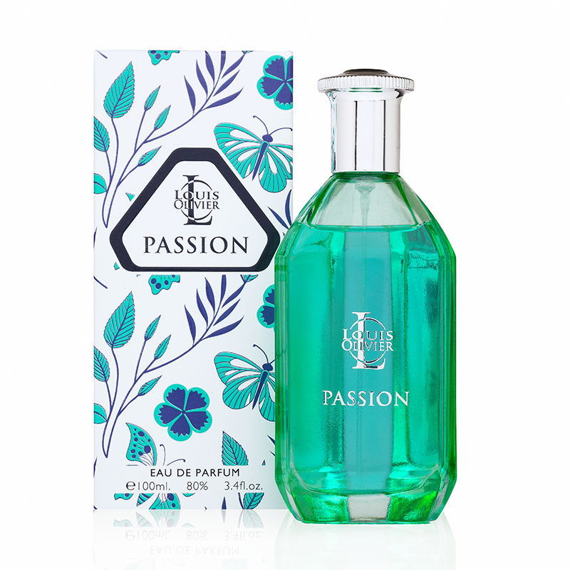 Louis Olivier Passion perfume bottle and packaging on a white background