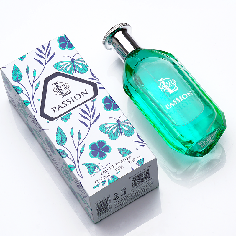 Louis Olivier Passion Green perfume bottle with 'Passion' packaging on a white background