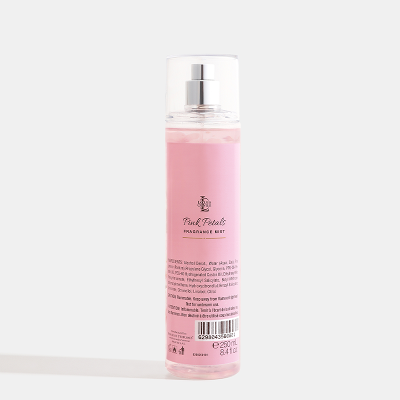 Pink bottle of 'Pink Petals' perfume mist on a white background. House   Of Perfumes India
