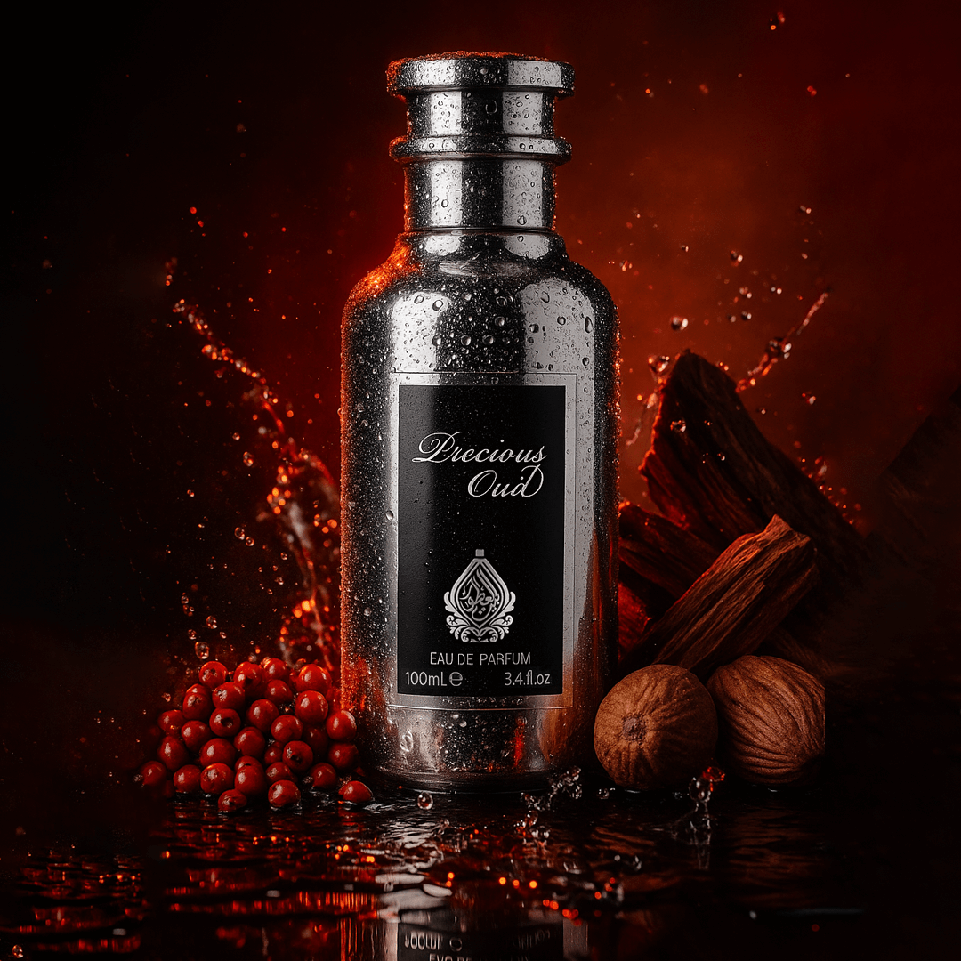 Bottle of 'Precious Oud' perfume with spices and berries on a dark background