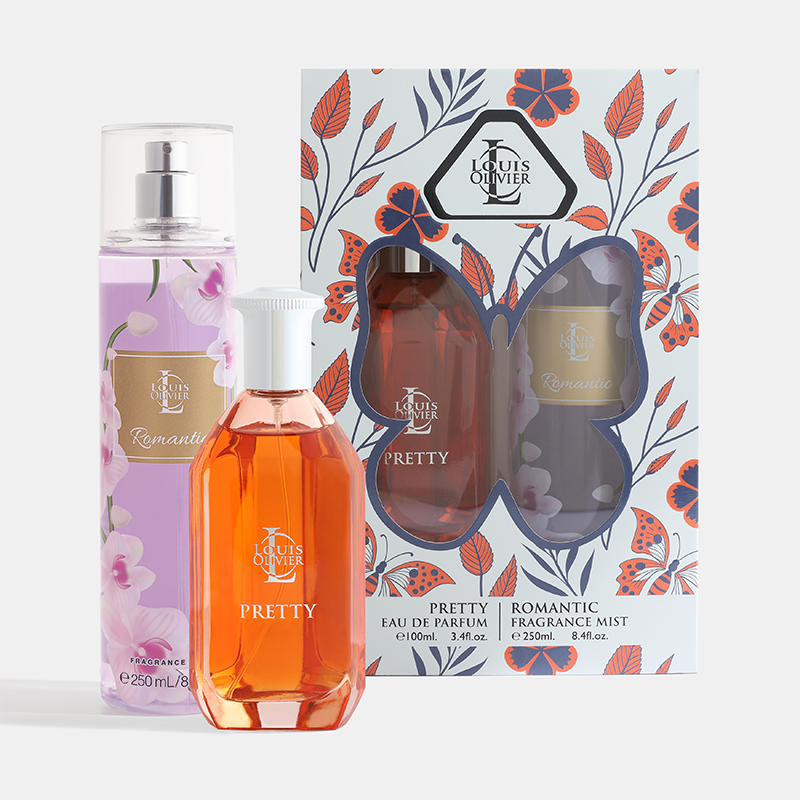 Three perfume bottles with their packaging featuring floral designs and 'Louis Olivier' branding. Pretty-Gift-Set House of perfumes India