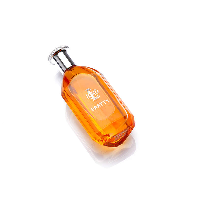 LO Pretty Orange perfume bottle with silver cap on a white background