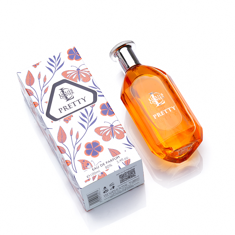LO Pretty  Orange perfume bottle with floral packaging on a white background