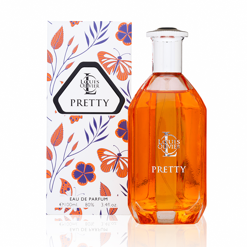 Orange perfume bottle with floral packaging labeled 'Pretty' by Louis Olivier on a white background.