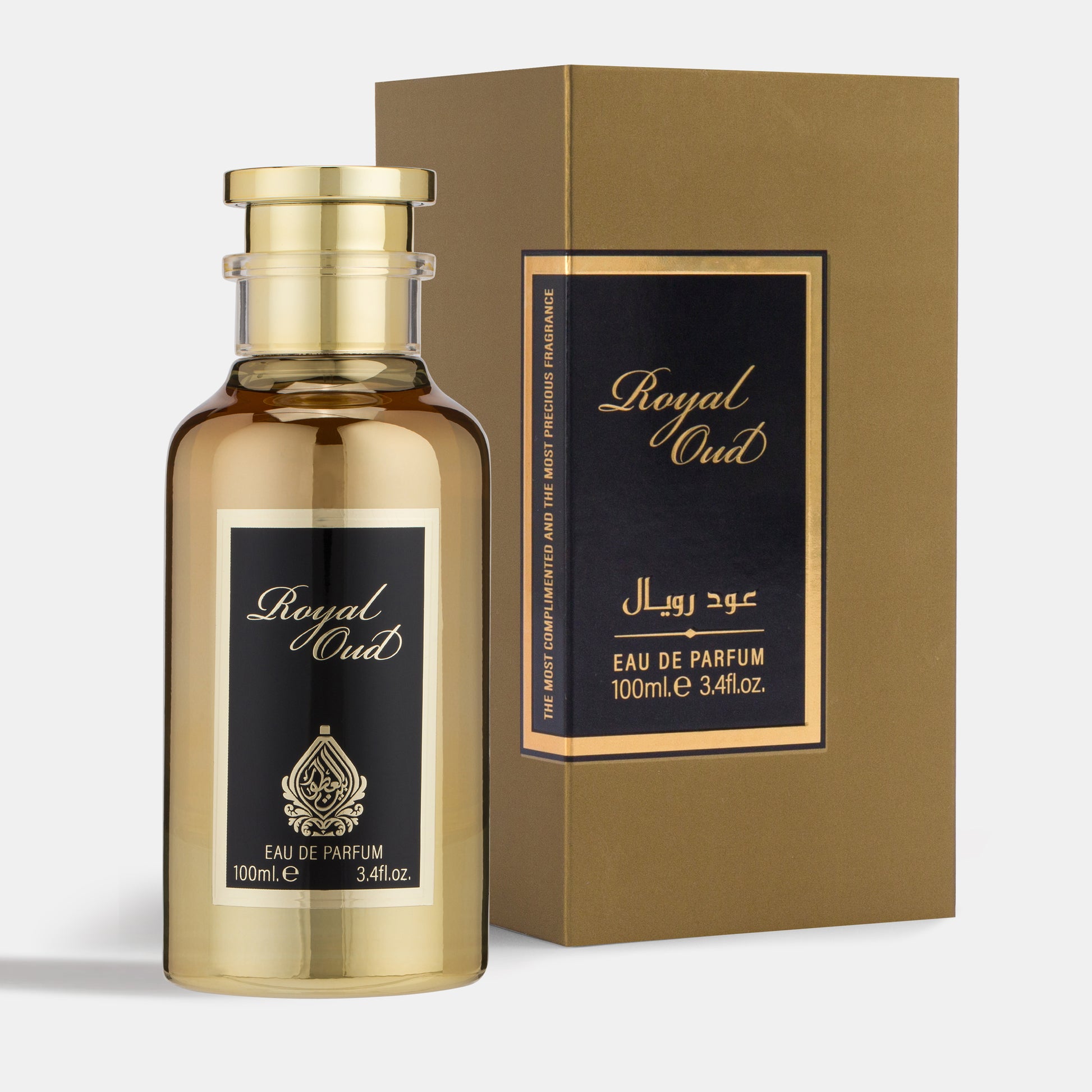 A product image featuring a gold-colored perfume bottle with a black label, named 'Royal Oud'. 