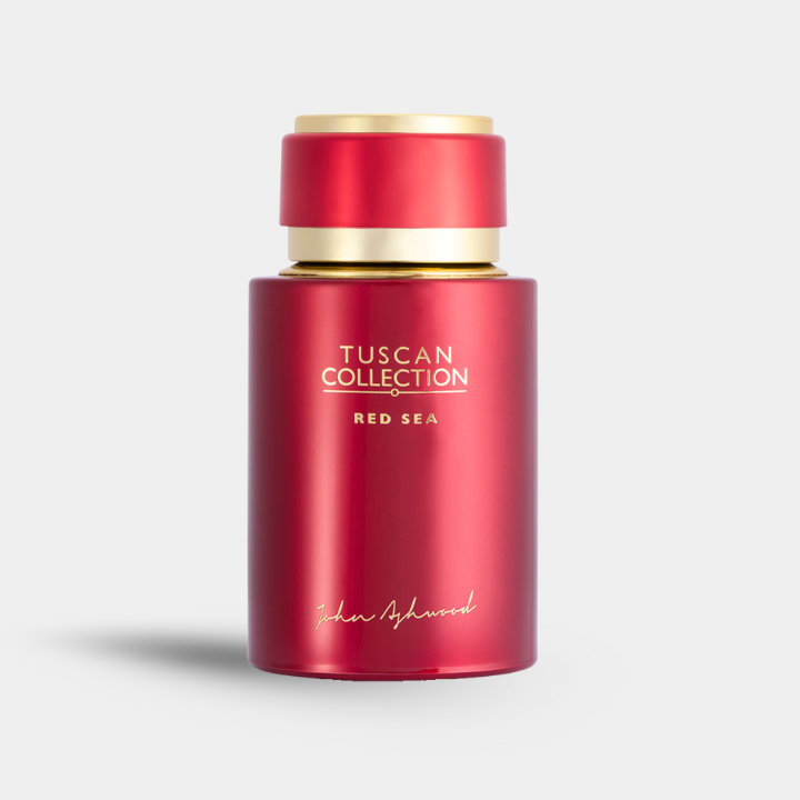 Red container with gold lid labeled 'Tuscan Collection Red Sea' on a light gray background