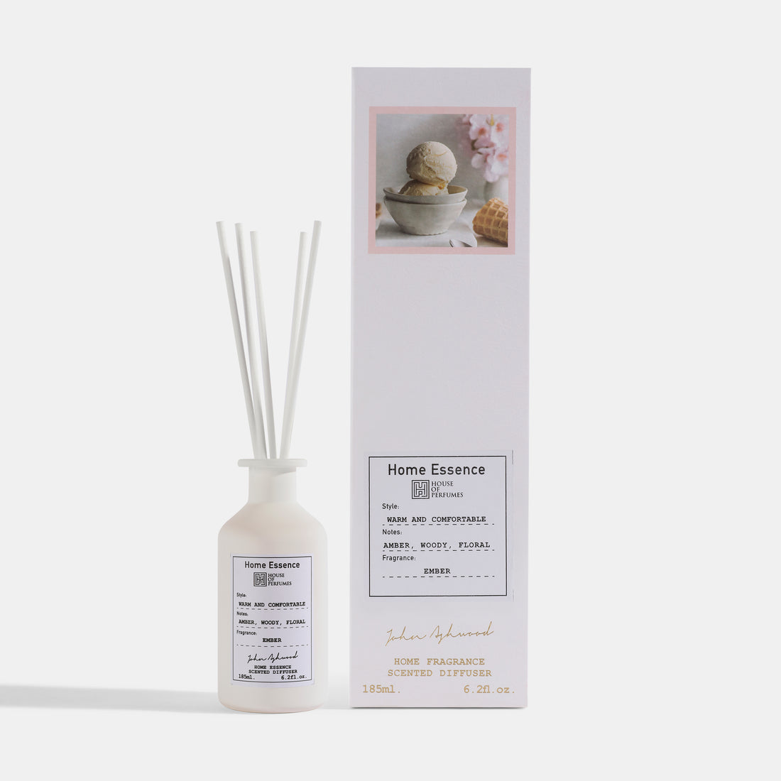 ReedDiffusers-EMBER Home Essence diffuser bottle and packaging on a white background