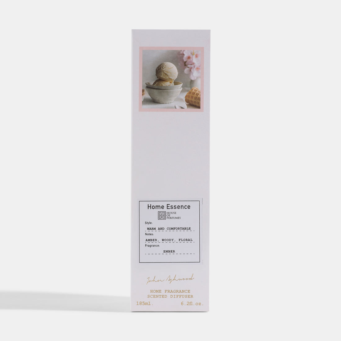 ReedDiffusers-EMBER Home Essence diffuser bottle and packaging on a white background