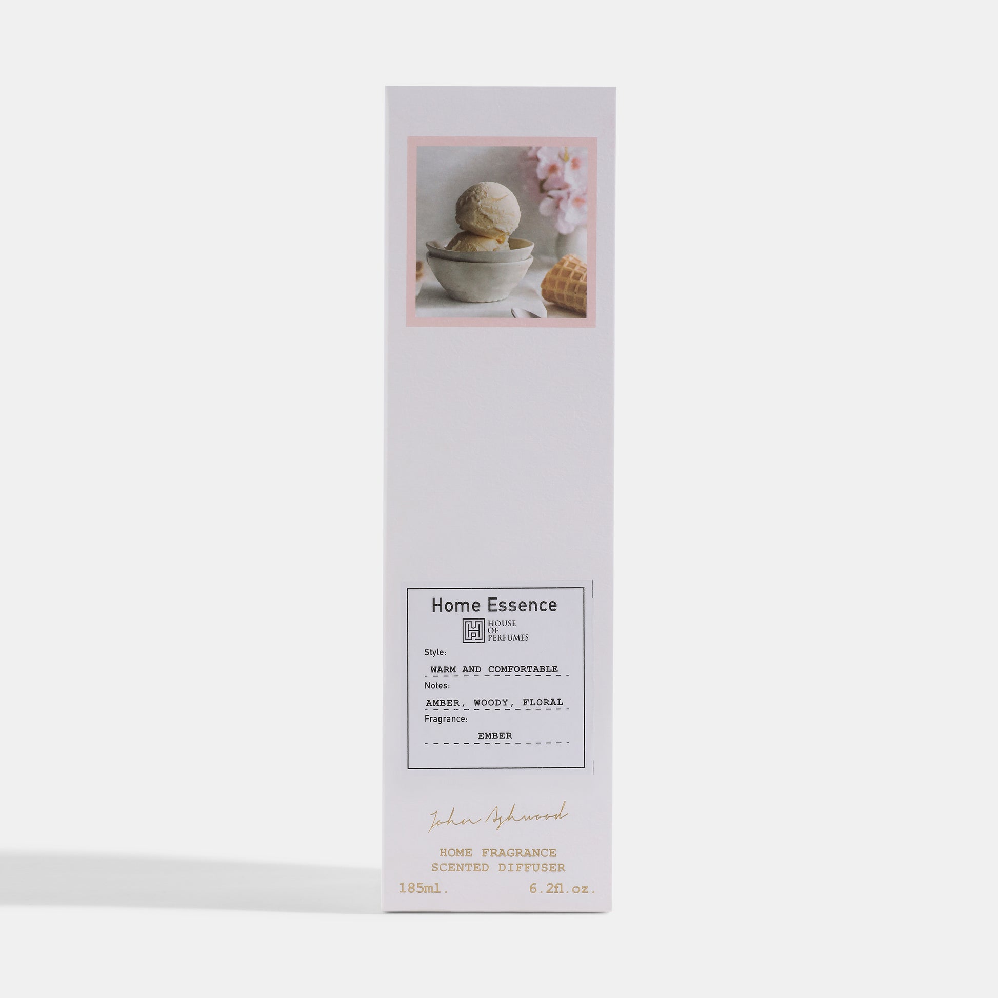 ReedDiffusers-EMBER Home Essence product packaging with a white background