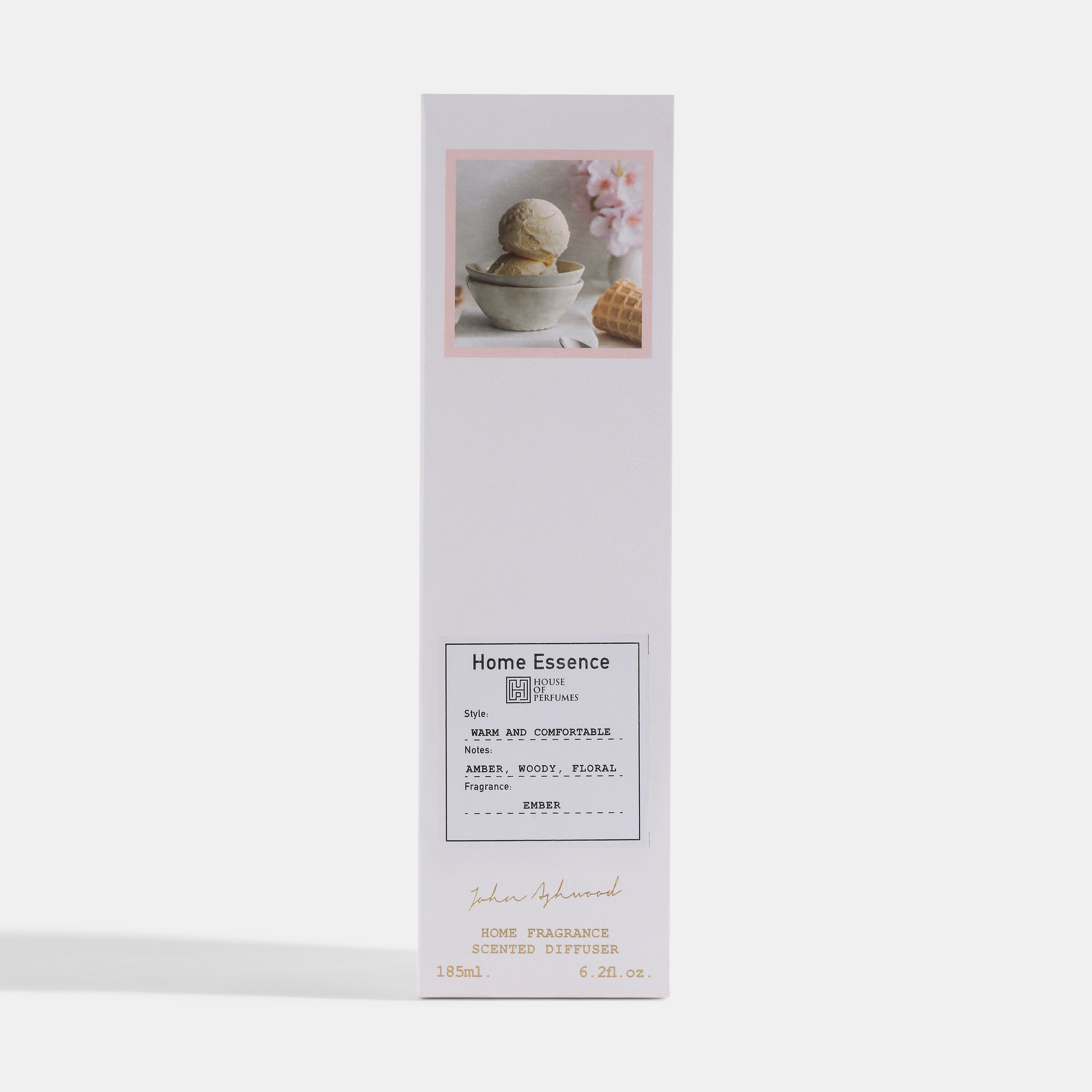 ReedDiffusers-EMBER Home Essence product packaging with a white background