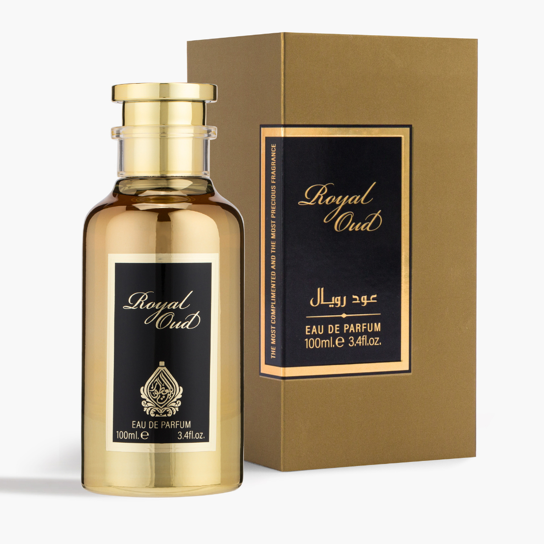 Gold and black Royal Oud perfume bottle and packaging on a white background