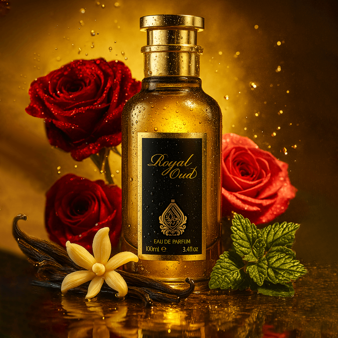 Gold bottle of 'Royal Oud' perfume with red roses and vanilla beans on a reflective surface. House of Perfumes India