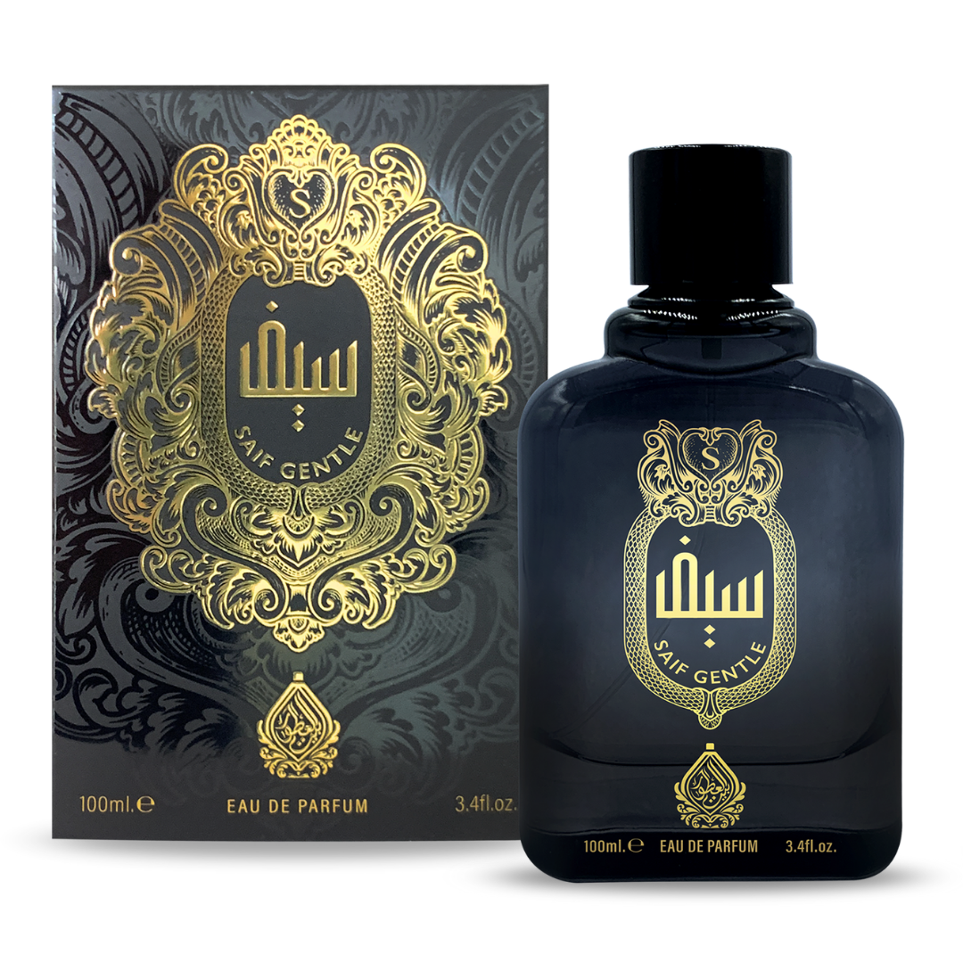Perfume bottle and packaging with gold detailing on a white background