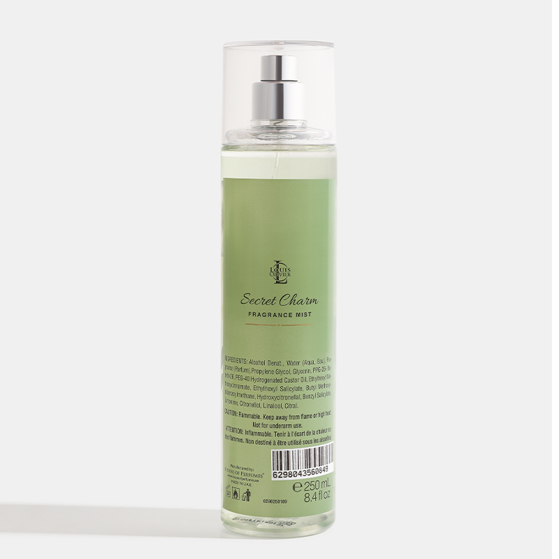 Fragrance mist bottle labeled 'Secret Charm' on a white background. House Of Perfumes India