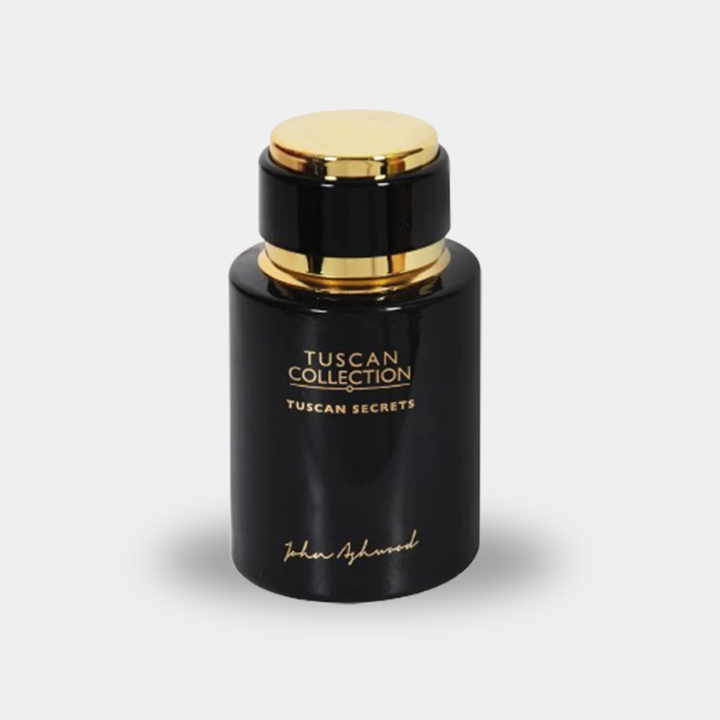 Black perfume bottle with gold cap and 'Tuscan Collection - Tuscan Secrets