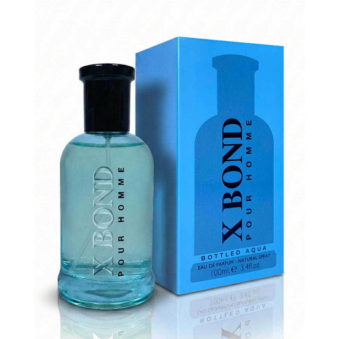 X Bond Pour Homme Bottled Aqua perfume bottle and packaging on a white background
