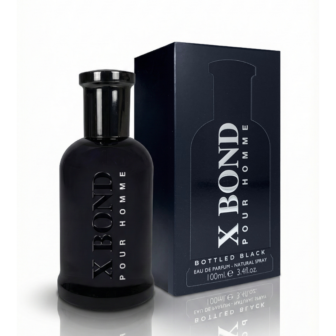 Black X Bond Pour Homme perfume bottle and packaging on a white background