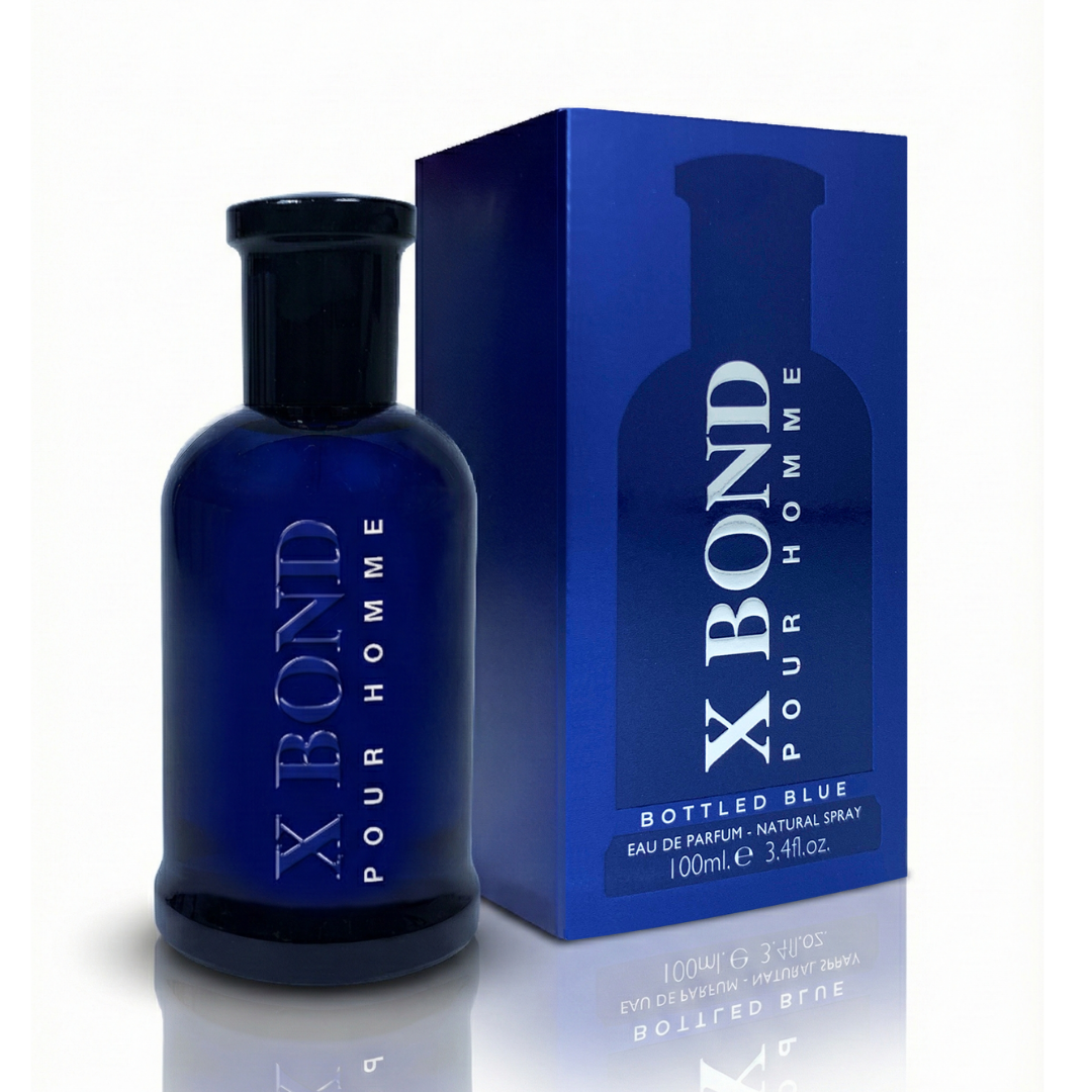 Blue X-Bond pour homme perfume bottle and packaging on a white background