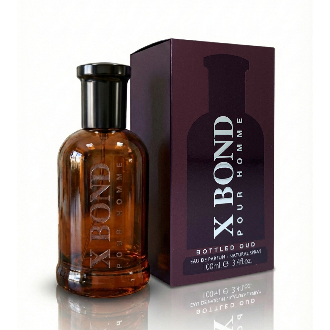 X-Bond Pour Homme bottled oud perfume bottle and packaging on a white background