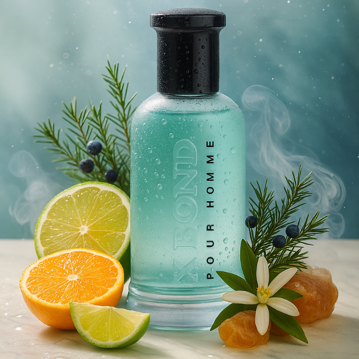 Blue bottle labelled 'X Bond Aqua Pour Homme' with citrus fruits and herbs on a textured surface - House Of Perfumes India