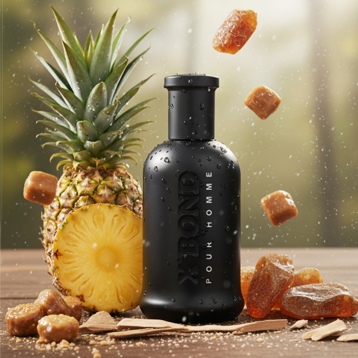 Black bottle labelled 'X Bond Black' with a pineapple and caramel on a wooden surface - House Of Perfumes India