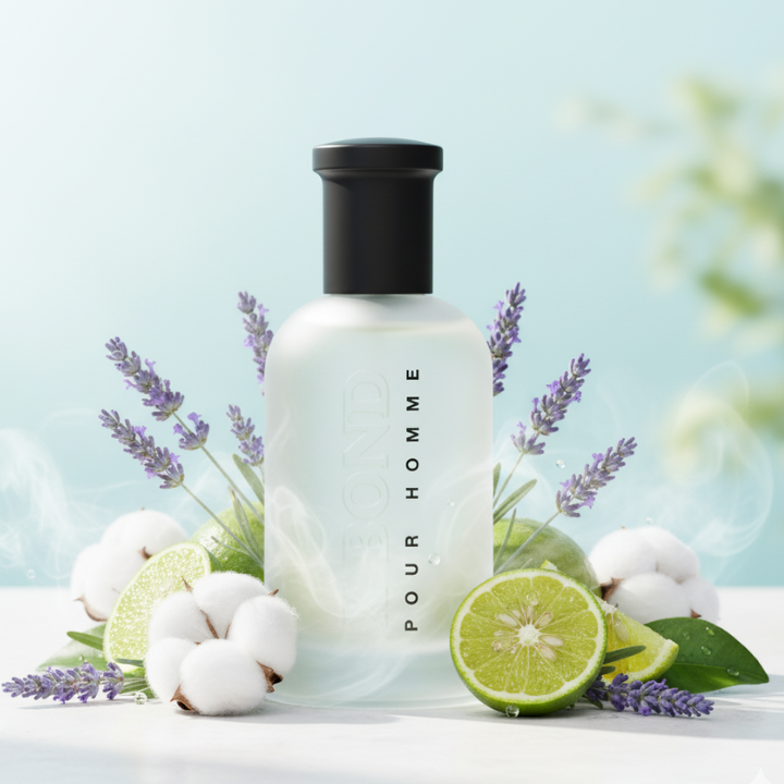Perfume bottle labelled 'X Bond Ice Pour Homme' with lavender, cotton, and lime on a light blue background - House Of Perfumes India