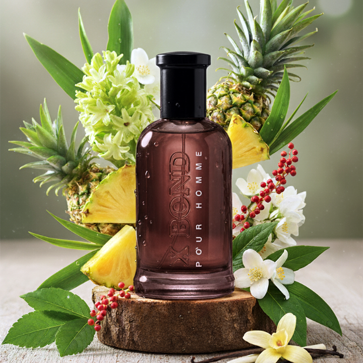 Brown perfume bottle labelled 'X BOND Oud' with pineapple and flowers on a wooden platform - House of perfumes India