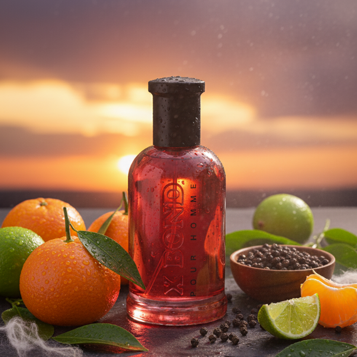 Bottle of X-Bond  Red perfume with fruits and spices on a wooden surface with a sunset background - House Of Perfumes India