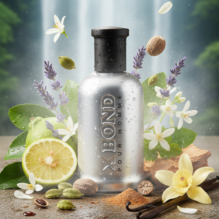 Bottle of X Bond Silver Pour Homme cologne with natural elements like flowers and citrus on a blurred background - House of perfumes India