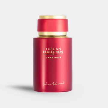 Red canister with gold lid labeled 'Tuscan Collection Dark Rose' on a light gray background