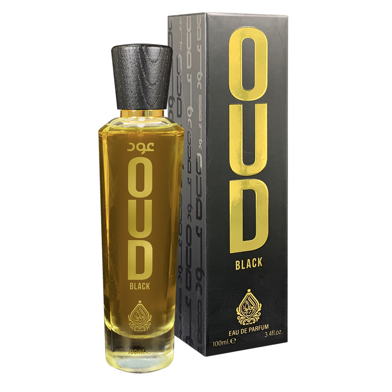 Bottle of 'Oud Black' on a light gray background